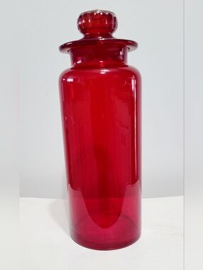 Vintage Red Glass Apothecary Jar w/ Lid 9” Tall Retro Decor